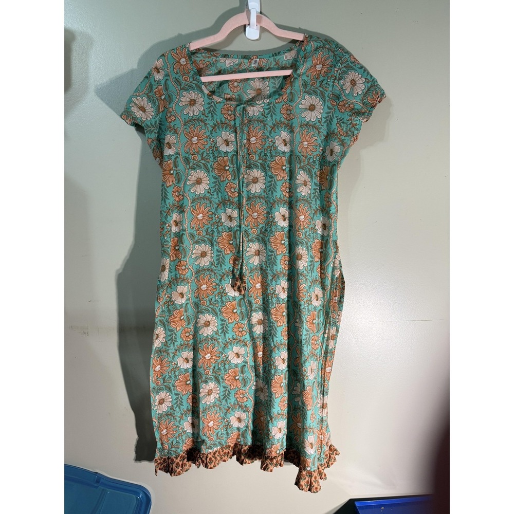 Aris Dress Womens XL Green Floral Midi Shirt Dress Ruffle Rayon Cap Sleeve
